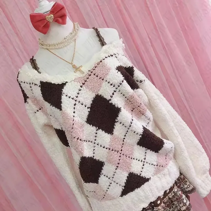 

NEW College Style Rhombus Sweater Women Elegant Neck Pullover Jumper Female Autumn Winter Casual Loose Knitwear Trend Streetwear