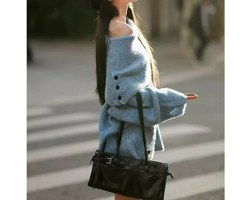 كلمة واحدة الكتف سترة المرأة الخريف والشتاء مزاجه الأزرق طويلة الأكمام محبوك سترة فضفاضة ورقيقة كسول #3