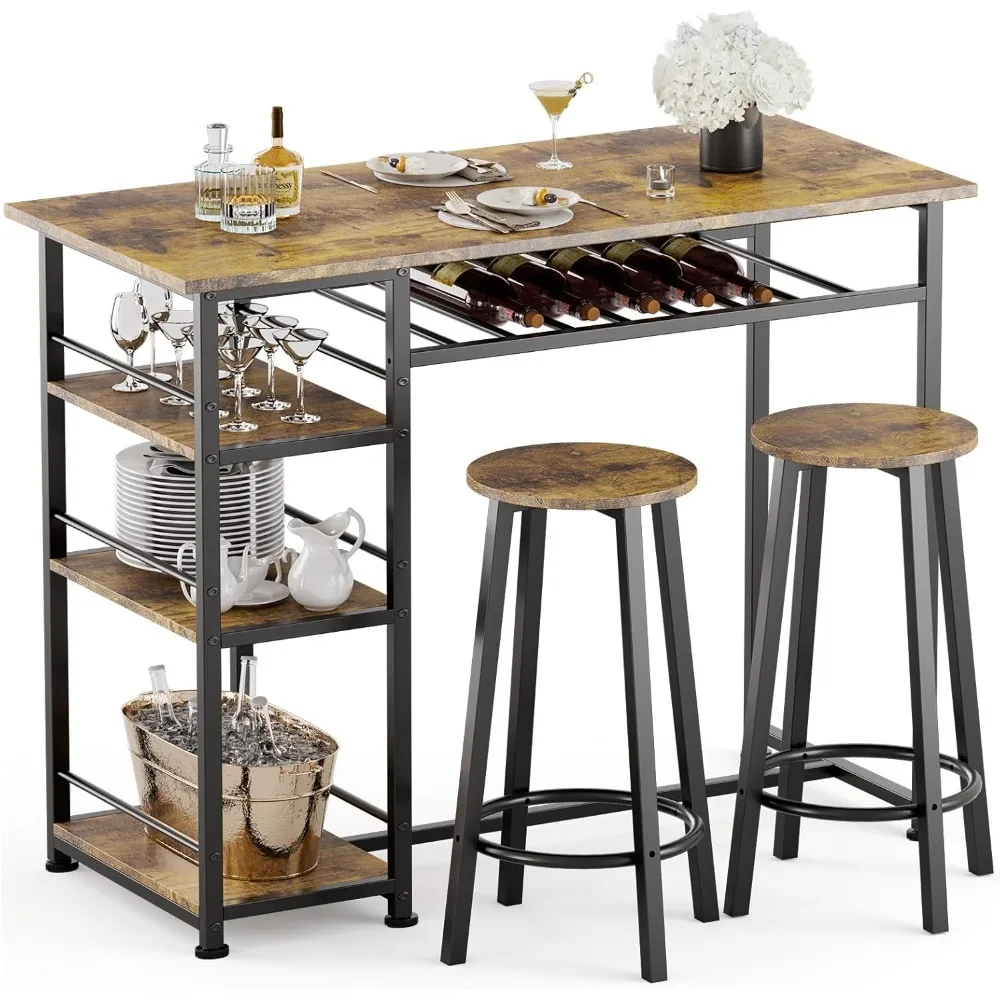 Counter Height Kitchen Table Set for 2 with Storage Shelves and Wine Rack, Bar Table with Chairs