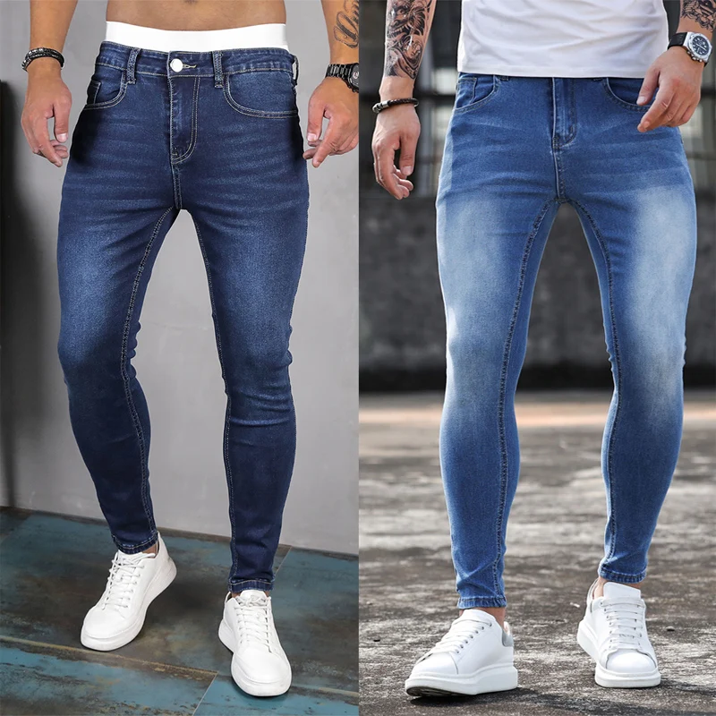 Jeans for Men Skinny Washed Solid Colour Stretch Pencil Pants Fashion Streetwear Slim Fit Denim Jeans Jogging Trousers Blue