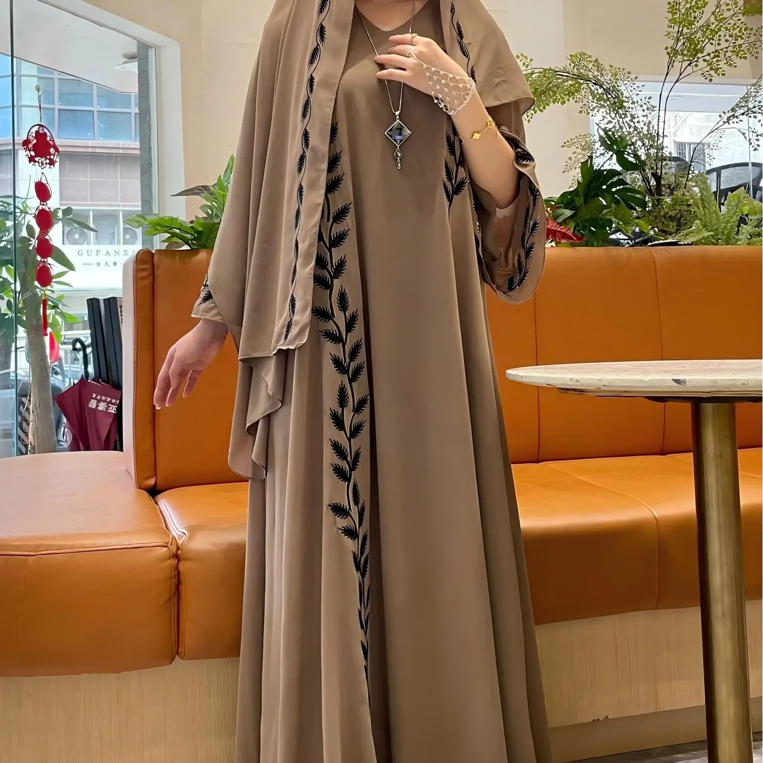 

2026 Spring Summer Women's Pink Chiffon Botanical Embroidery Maxi Dress Gown Round Neck Evening Dress Outfit Clothing