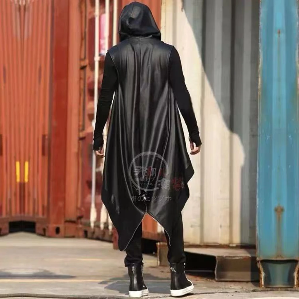 Korean Hairstylist Trendy Male Non Mainstream Personality Zipper Slit Hooded Cape Long Coat Singer Dance Stage Festival Wear