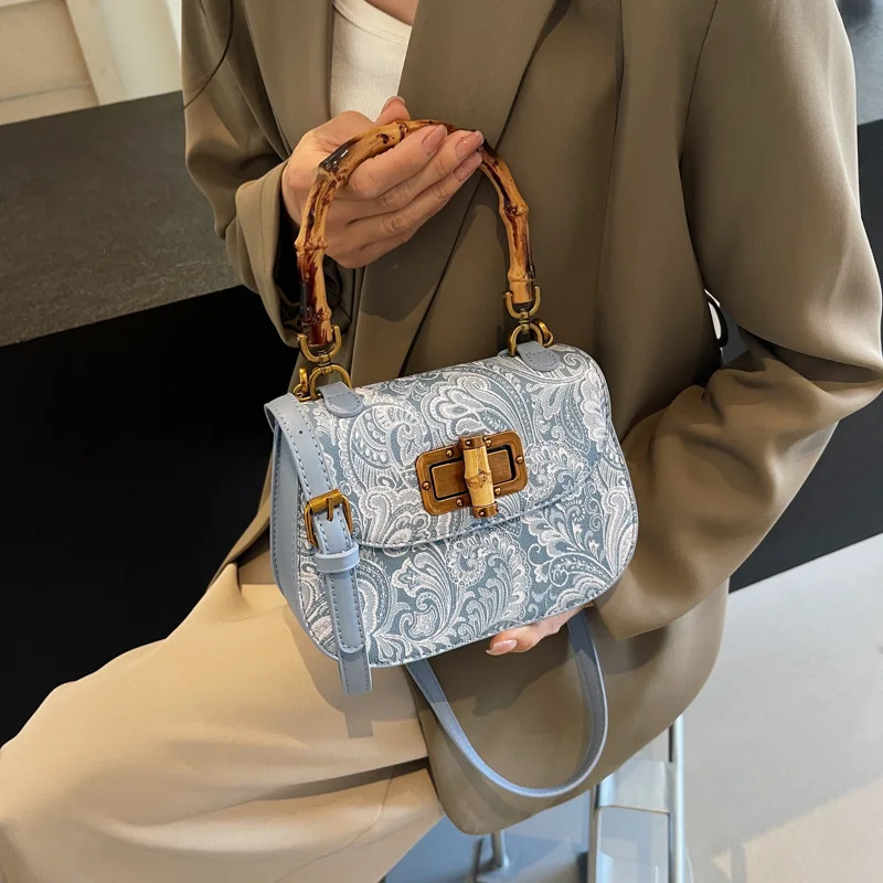 

​​2025 Printed Bamboo Handle Bag Elegant Womens Shoulder Purse Stylish Crossbody Tote Versatile Casual Office Handbag​