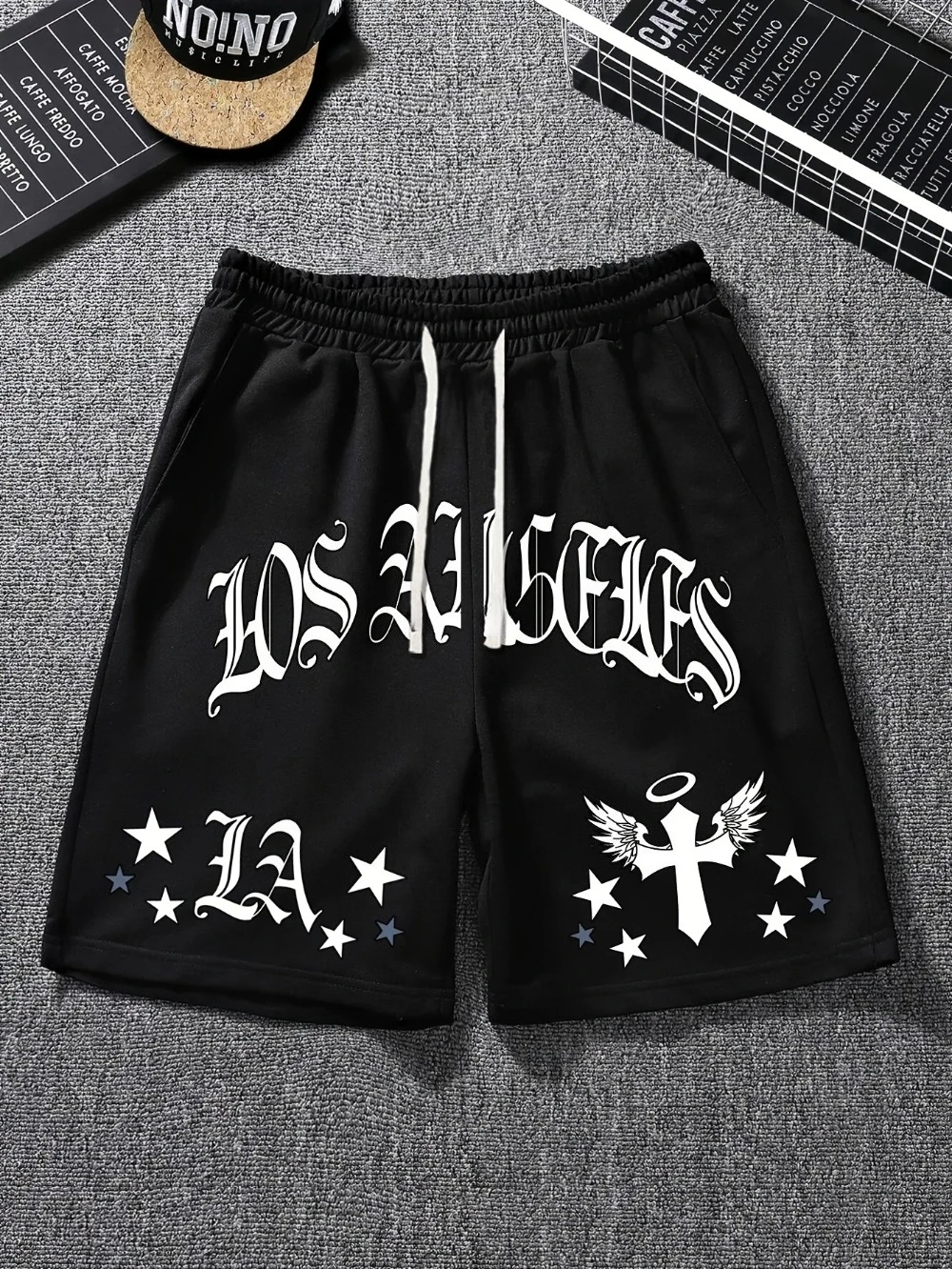 

Men's Black Casual Drawstring Shorts Printed with The Letters "Los Angeles" Angels and Stars - Comfortable Summer Wearing Shorts