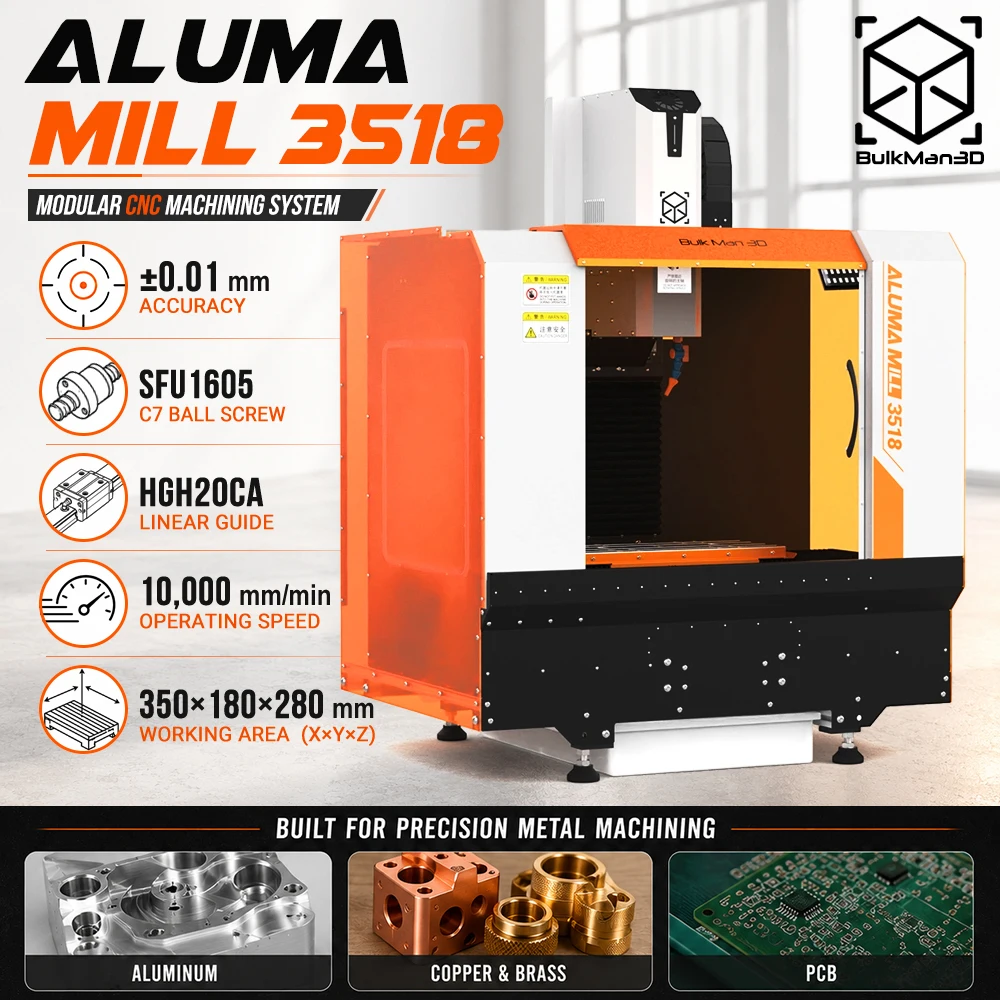BulkMan3D ALUMA MILL 3518 CNC Milling Machine Kit HGR20 Linear Rail SFU1605 Ball Screw Desktop High Precision Metal CNC Router