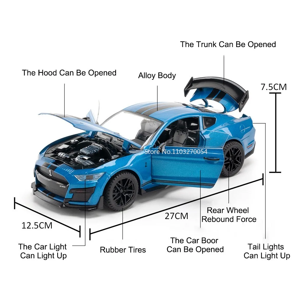 Large Size 1/18 Mustang Shelby GT500 Alloy Diecasts Sports Car Model 4 Doors Can Be Opened Metal Vehicle for Kids Toys Gift