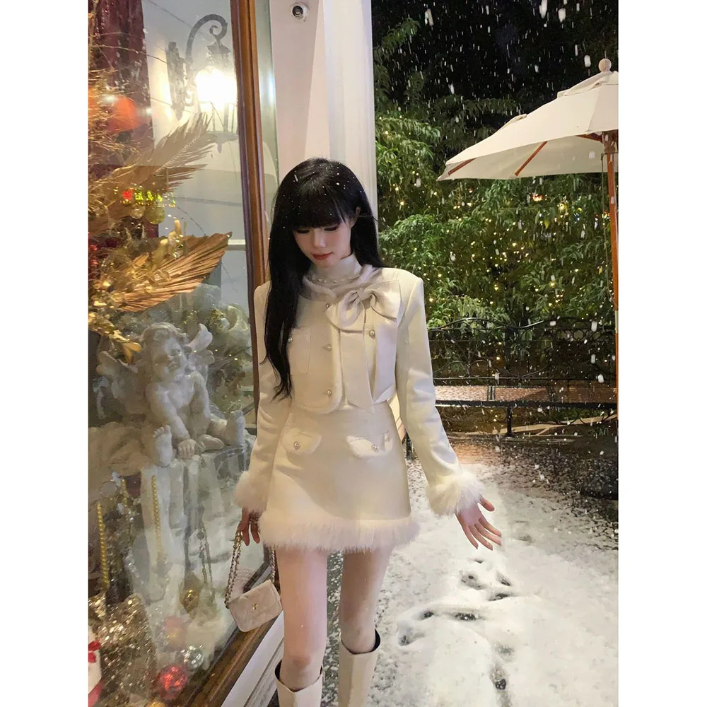 Fashion Plush Temperament Jacket + Chic Gentle Long Skirts Winter Warm Elegant Girl Two Piece Set For Women Coat Skirt Outfit