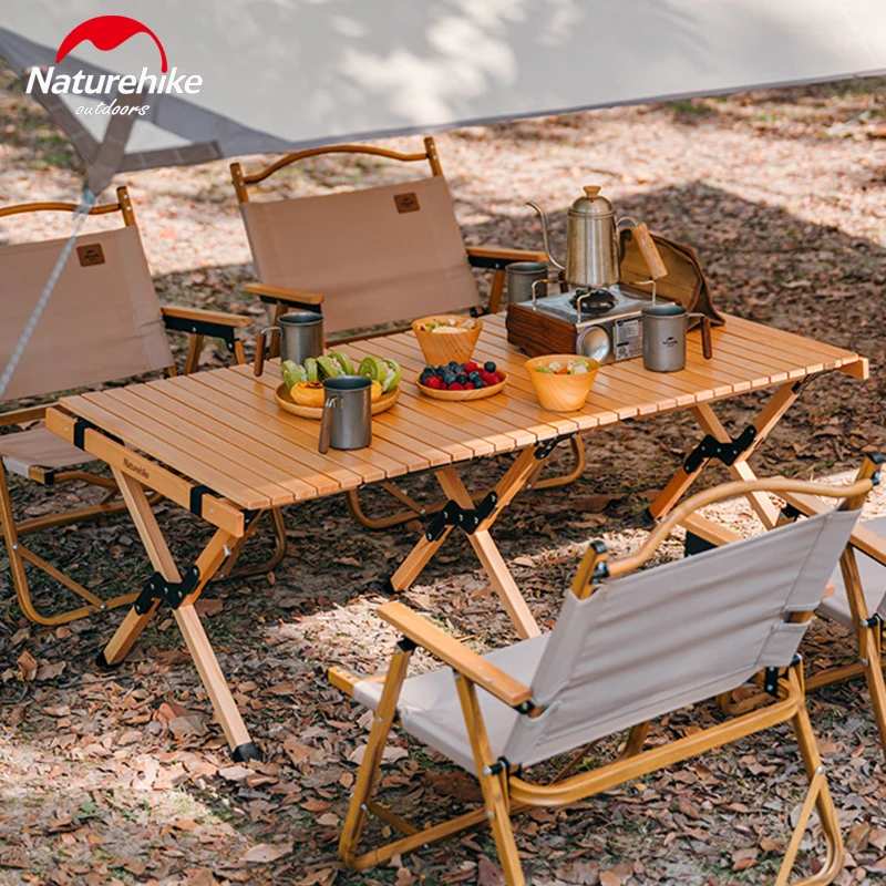 

Naturehike Camping Table Folding Egg Roll Wooden Table 30kg Bearing Triangle Stable Garden Travel Hiking BBQ Beech Wood Desktop