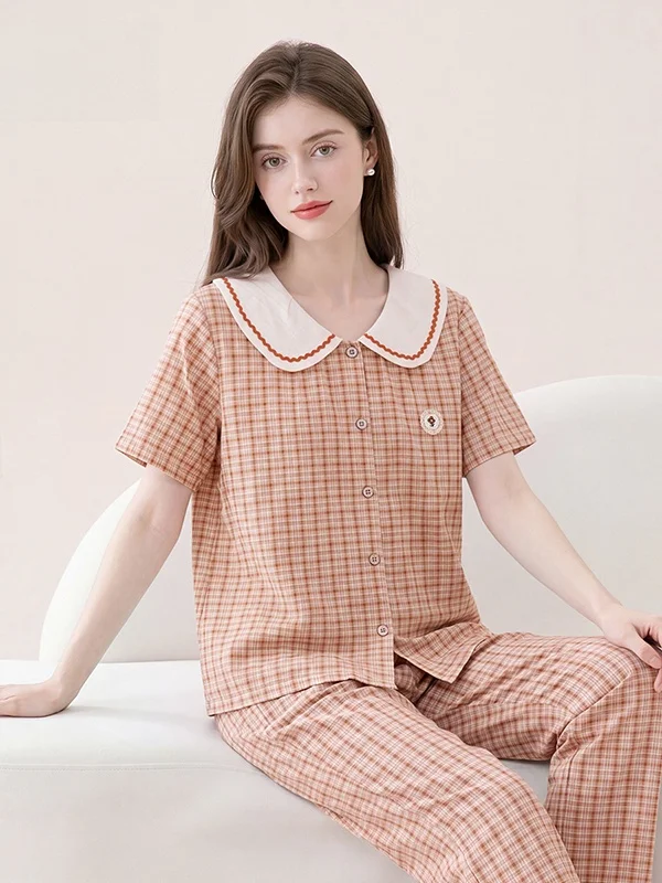 fenteng-pure-cotton-sleepwear-round-neck-loose-fit-women's-summer-home-clothes-breathable-air-conditioning-suit-two-piece-set