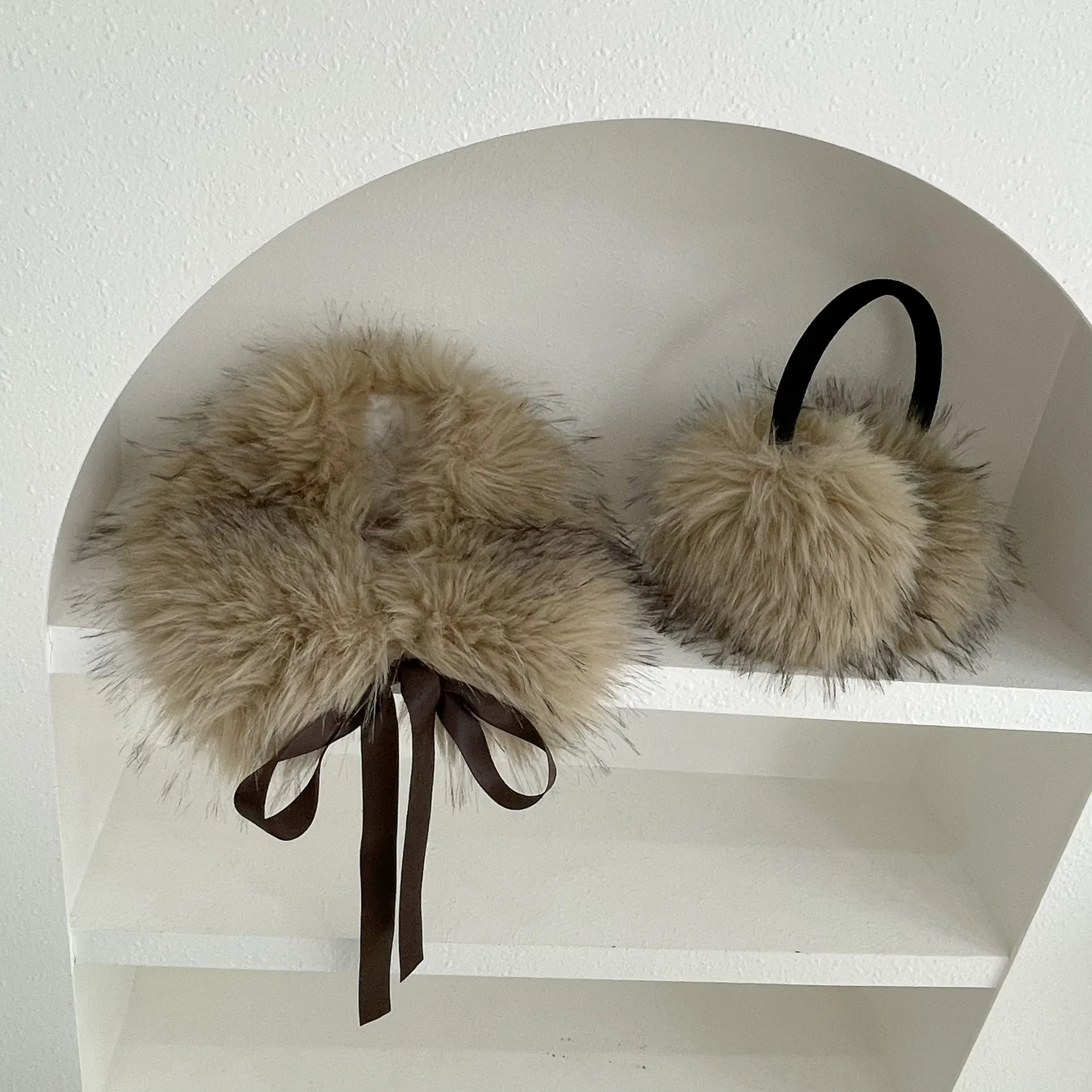 Retro Ribbon Style Faux Fur Scarf Sweet Thick Warm Neck Protection Plush  Shawl Fashion Coldproof Cycling Neck Wrap Earmuffs Set
