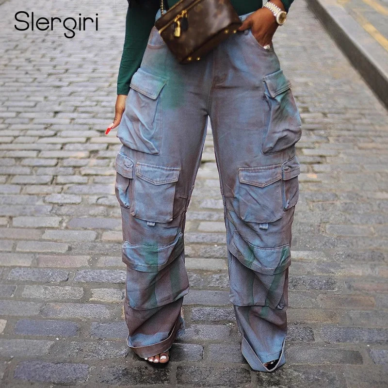 

Slergiri Women's Multi-pocket Y2K Harajuku Washed Cargo Pants Heavy Industry Streetwear Hip Hop Casual Baggy Wide Leg Jeans