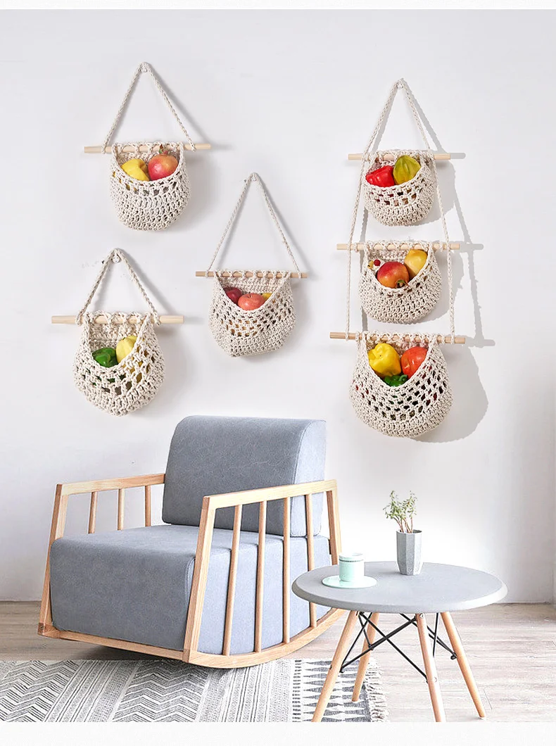 

3 Tier Macrame Hanging Basket Boho Fruit Vegetable Storage - Woven Cotton Net Bag For Kitchen Wall Decor, Multipurpose Organizer