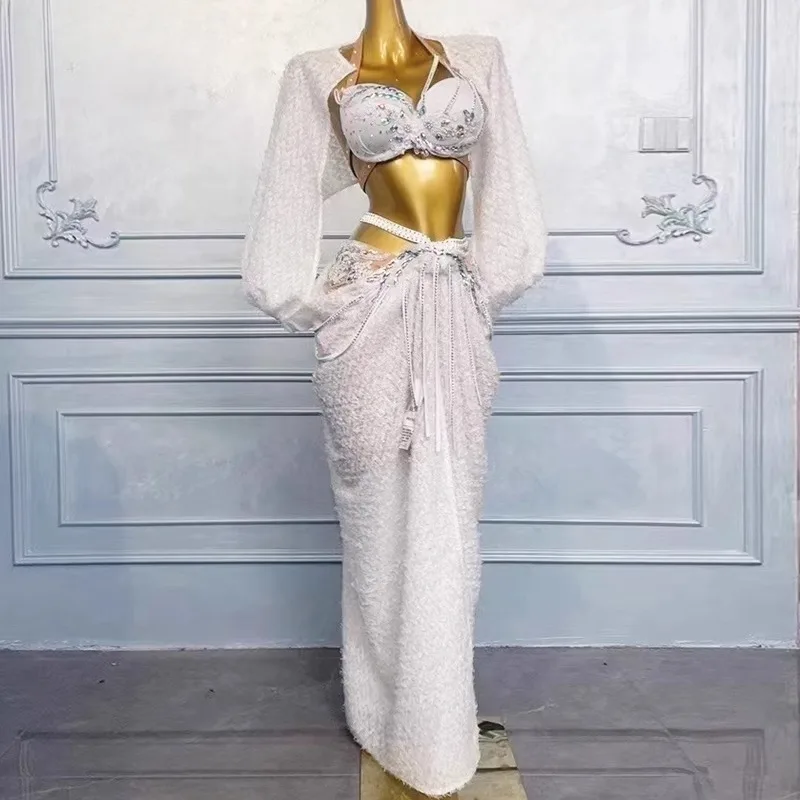 

customized belly dance costume performance practice clothes women's plush chiffon floating sleeves hot stamping bras long skirts