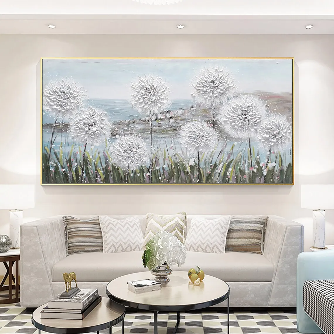 Pintura texturizada de paisaje de árbol abstracto grande pintado a mano con diseño de diente de león blanco para decoración de pared de sala de estar