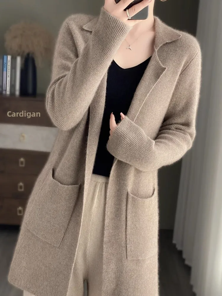 

Qingdao Women's Autumn Winter Medium Length Wool Knitted Open Cardigan Suit Collar Loose Camere Outerwear V-ne Long Sve