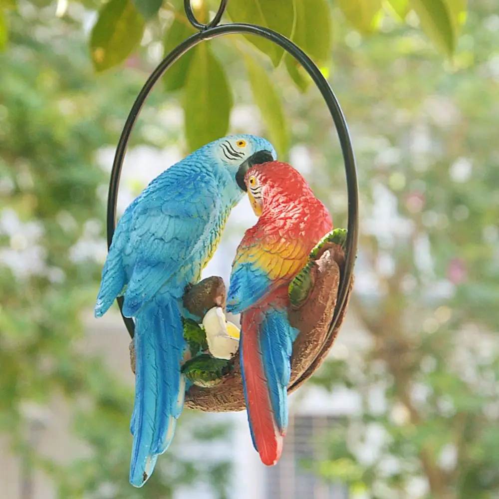 Tree Hanging Ornament Iron Circle Double Parrot Pendant Cute Resin Bird Hanger Model Waterproof Simulated Bird Statue Home