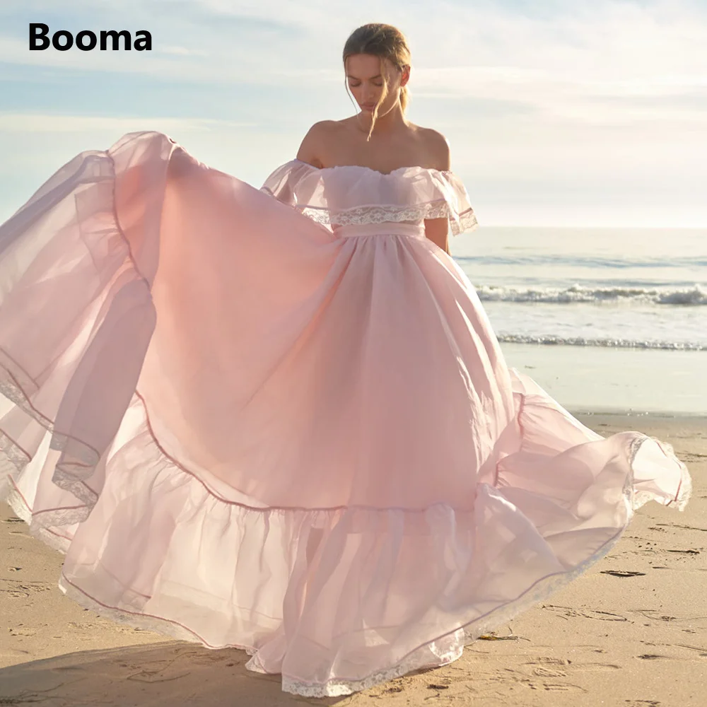 Booma Baby Roze Organza Prinses Prom Jurken 2022 Uit De Schouder Ruches A-lijn Prom Jassen Open Back Formele Party Jurken