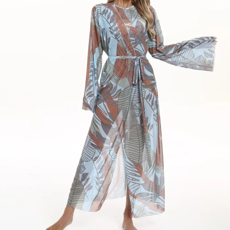 보헤미안 프린팅 비치 드레스 여성 빈티지 캐주얼 긴팔 레이스업 메쉬 탑 우아한 패션 비치웨어 비키니 커버업 2025