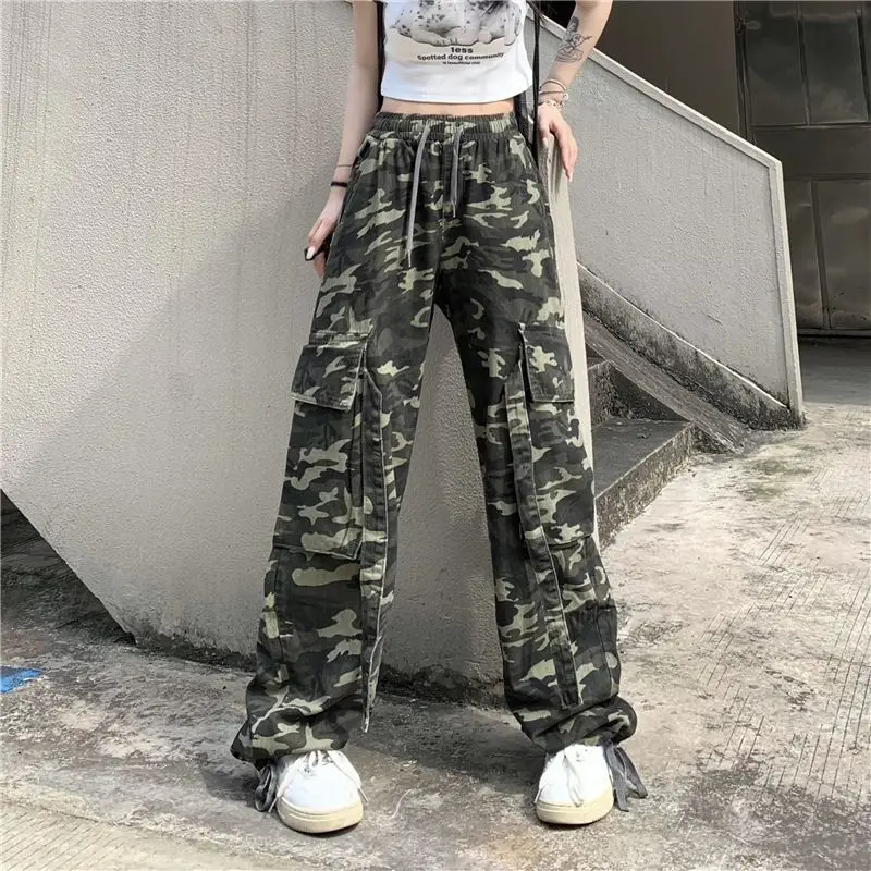 American Women Camouflage Pants Overalls Students Loose Autumn Fashion Straight High Waist Drawstring Pockets Wide Leg Trousers