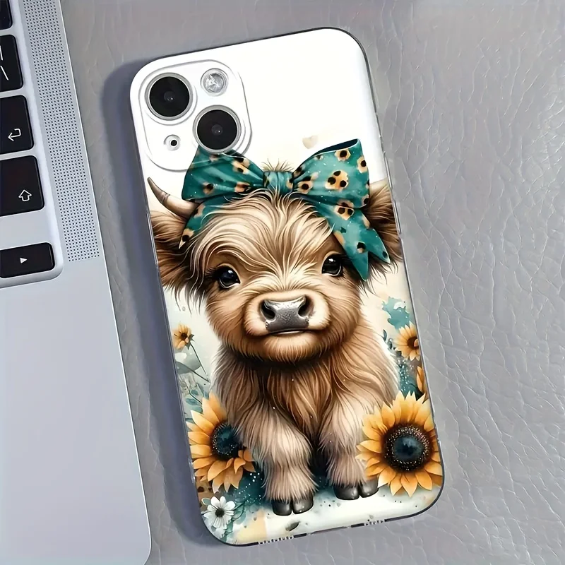 Чехол для телефона Highland Cow Sunflower, защита от падения с защитой объектива для iPhone 11/12/13/14/15/16 17Pro Max/Plus