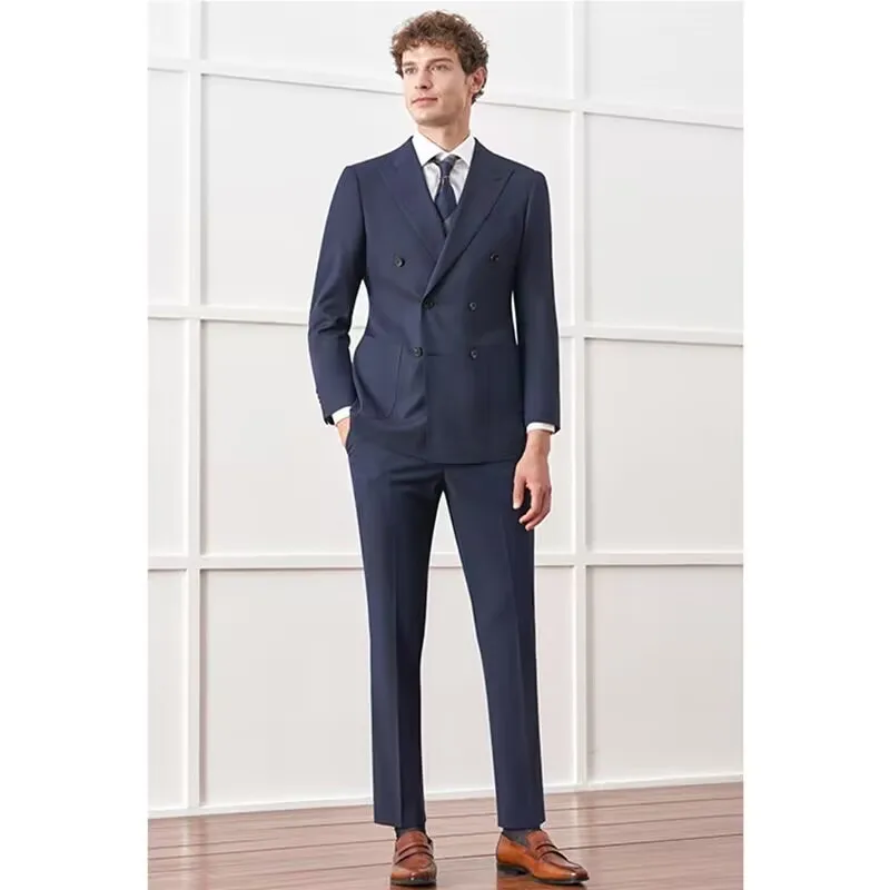 

Elegant Navy Gentlemen Men's Suits Slim Fit Casual Prom Party 2 Piece Jacket Pants Full Set Luxury Male Clothing Terno Blazer
