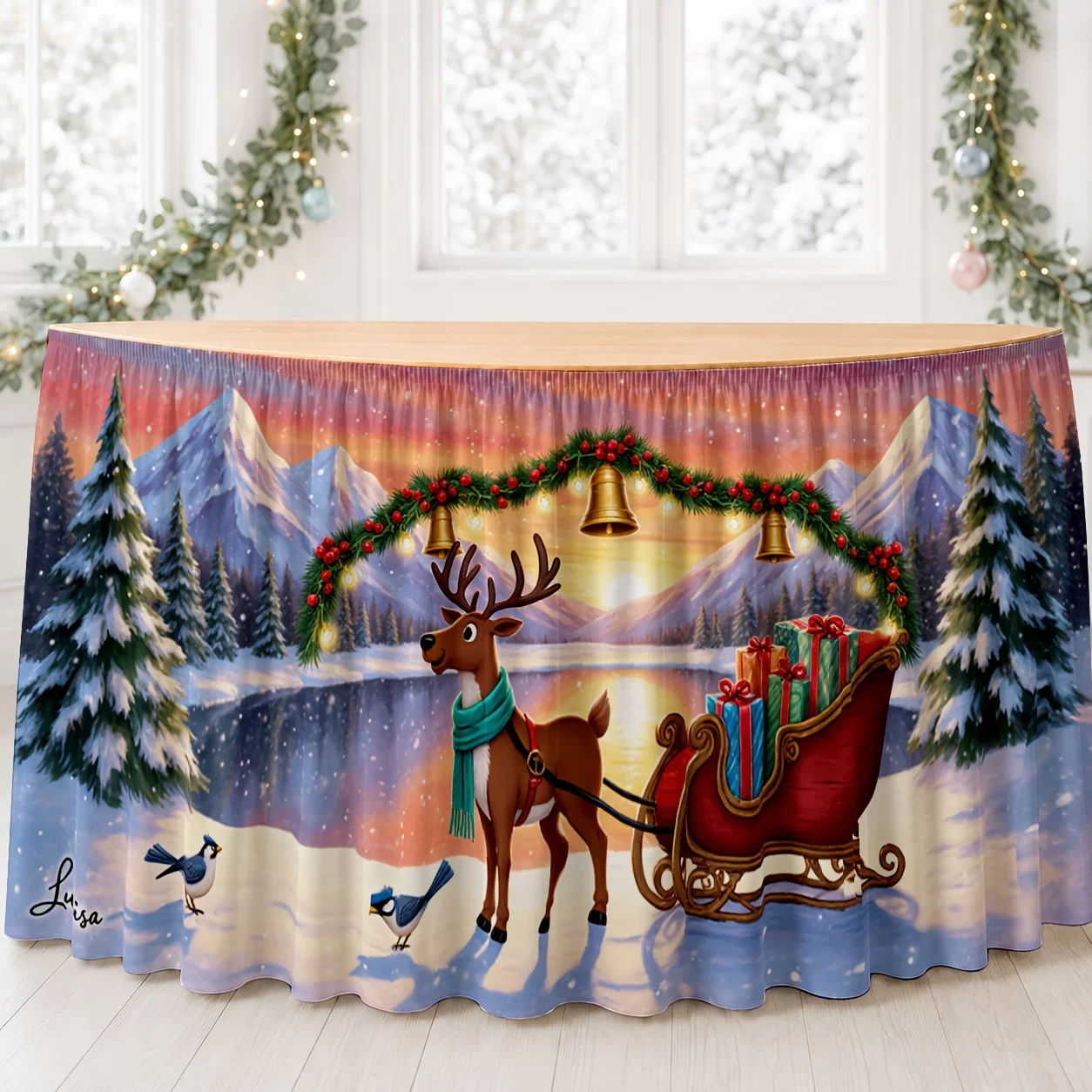 Table skirt for winter, Christmas, snowy scene, reindeer, bell, wreath, mountain range, sunset, party table skirtxzj