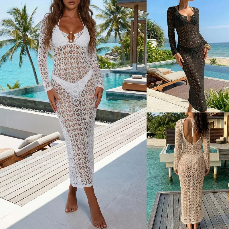 

2026 New Beach Dress Women Knit Cover Up Hollow Out Sexy Backless Dresses Metal Ring Tie Sun Protection for Holiday