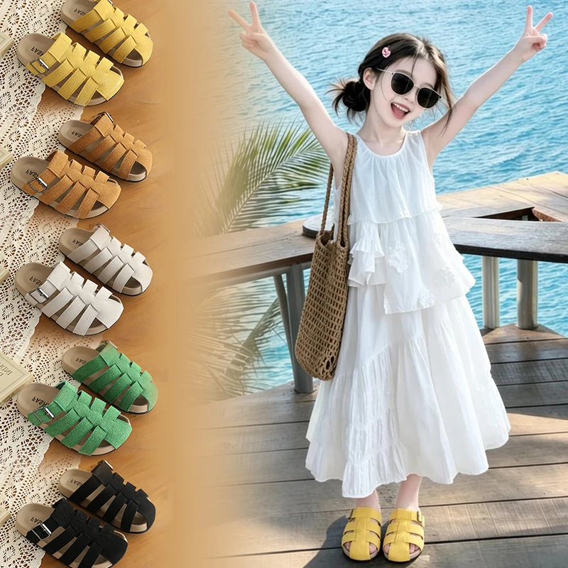 Mumoresip Kids Beach Slippers Summer Woven Boys Girls Closed Toe Slide Sandals Non-slip Breathable Children Hollow-out Slippers
