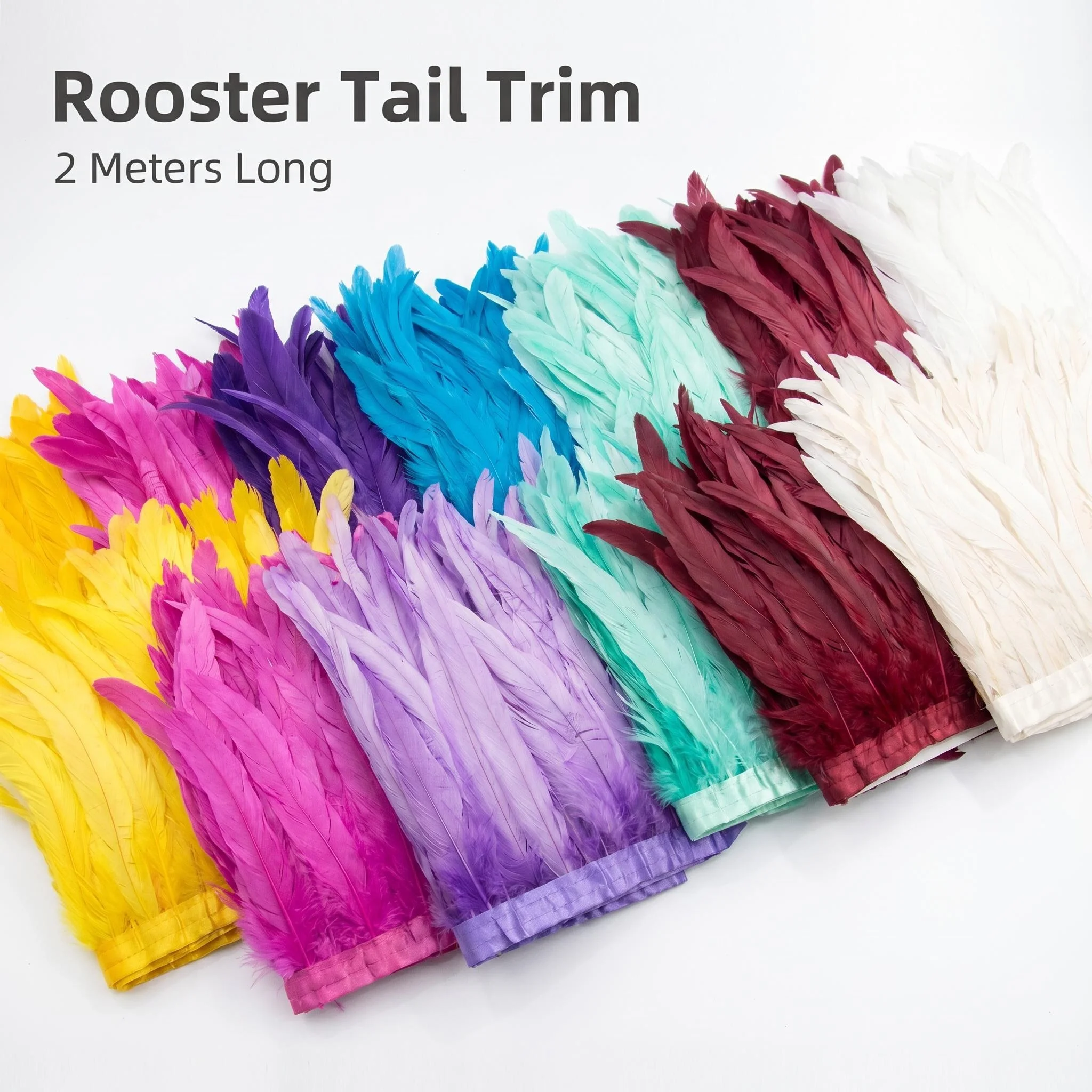 2M Rooster Tail Feather Trim Ribbon 15-35cm Long Feather Fringe Strip DIY Sewing Costume Dress Skirt Shawl Stage Decoration