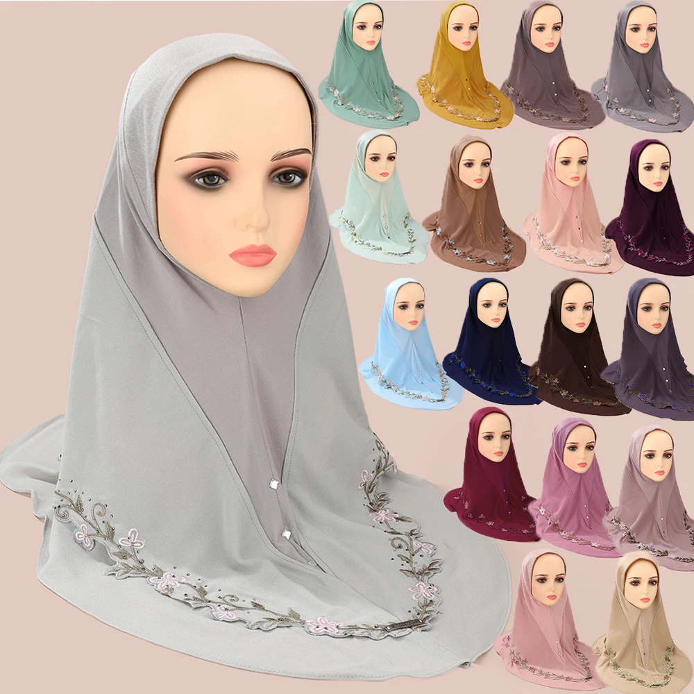 

High Quality Embroidery Chiffon Instant Scarf Women Muslim Hijab One Piece Amira Islam Shawl Wrap Niqab Nikab Headscarf Pull On