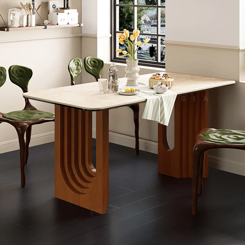 

French retro travertine rock slab dining table oval rectangular medieval dining table