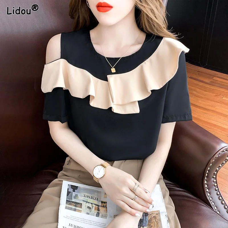 

Patchwork Sweet Solid Short Sleeve Round Neck Simplicity Loose Ruffles Women's Clothing 2023 Summer Thin Fashion Casual T-Shirts