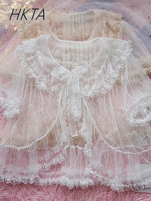 Lolita – chemise en dentelle à manches courtes, maille légère, fine, pour étudiantes, bord feuille de Lotus, ample, douce et mignonne, protection solaire pour femmes