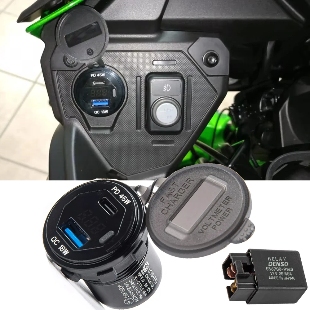 Motorcycle USB Charger Camera Cellphone Dual Quick Fast Charging with Relay For Kawasaki Versys 650 Accessories 2022 2023 2024