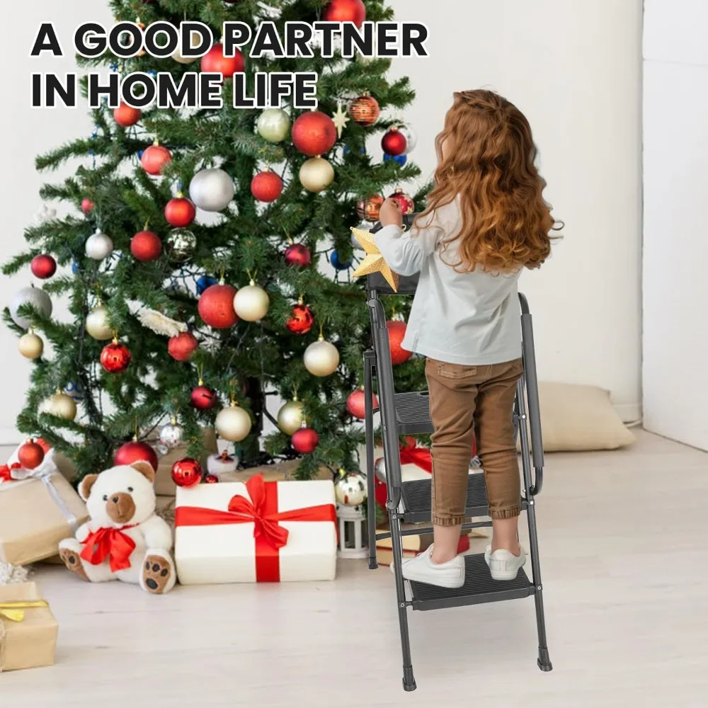 سلم مقعد قابل للطي بسعة 500 رطل، ودواسات واسعة غير قابلة للانزلاق وحقيبة أدوات قابلة للانزلاق لتنظيم ارتفاع مخزن المطبخ #6