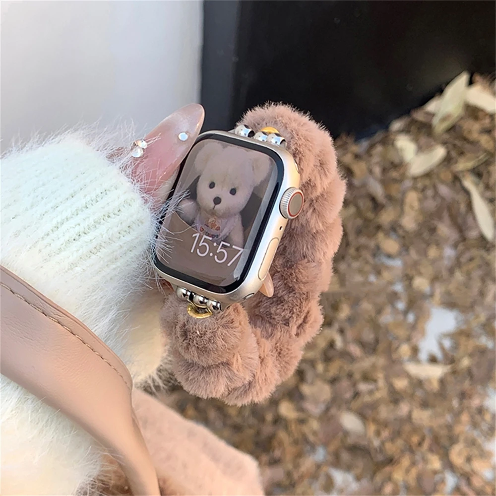 Cute Furry Maillard Plush Ball Soft Strap For Apple Watch 44mm 40 45 41 49 42 38 Gift Bracelet For Ultra Series 9 8 SE 7 6 5 4 3