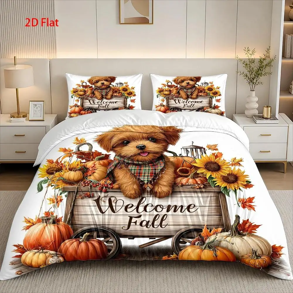 Soft Duvet Cover Set of Three, 1 Duvet Cover + 2 Pillowcases (Without Filling) 2D Flat Printed Duvet Cover Set of Three, Autumn Pumpkin Sunflower Theme, Thanksgiving Decoration, Suitable for All Seasons, Machine Washable, Invisible Zipper, Large Duvet Cover Set, Bedding Set Quilt Cover
