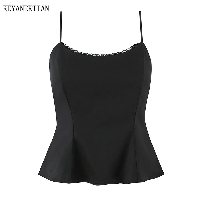 KEYANKETIAN 2026 New Women's Slim Fit Black Lace Trim Cami Top Adjustable Strap Smocked Back Peplum Camisole Elegant Blouse