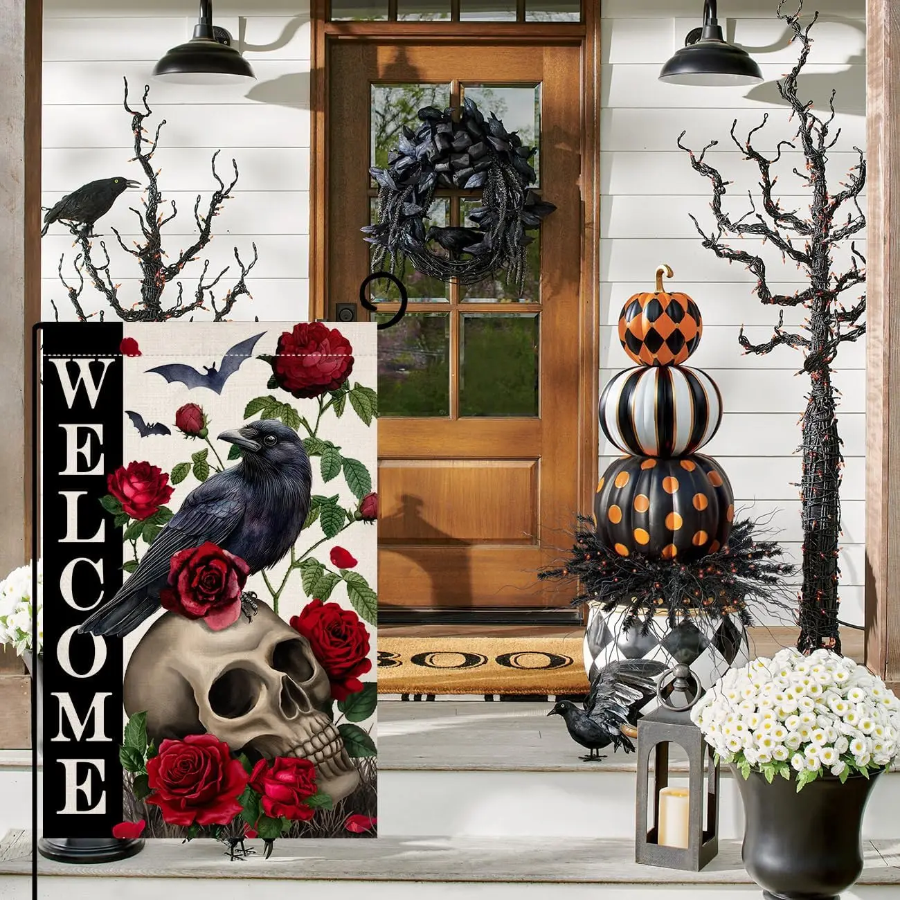BLKWHT Halloween Skull Rose Garden Flag 12x18 Vertical Double Sided Black Crow Bat Welcome Fall Holiday Outside Decorations  UUN
