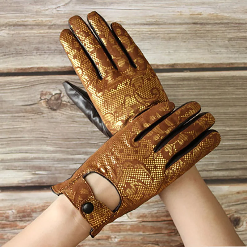 Leather gloves ladies autumn thin high-quality sheepskin hollow printing full finger gloves for motorcycle riding and driving