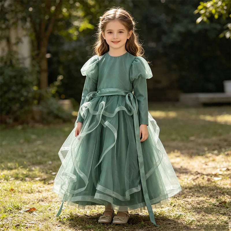 Echte Foto-Blumenmädchenkleider aus grünem Tüll, schlichter O-Ausschnitt, volle Ärmel, Reißverschluss, A-Linie, bodenlang, Kinderkleid, individuelle Anpassung MT008