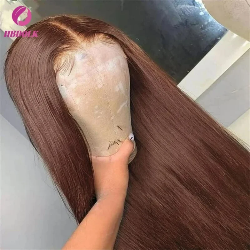 Pelucas de Cabello Humano con Frente de Encaje 13x4, Color Chocolate Marrón, Liso, con Encaje Transparente HD, Pelucas Teñidas