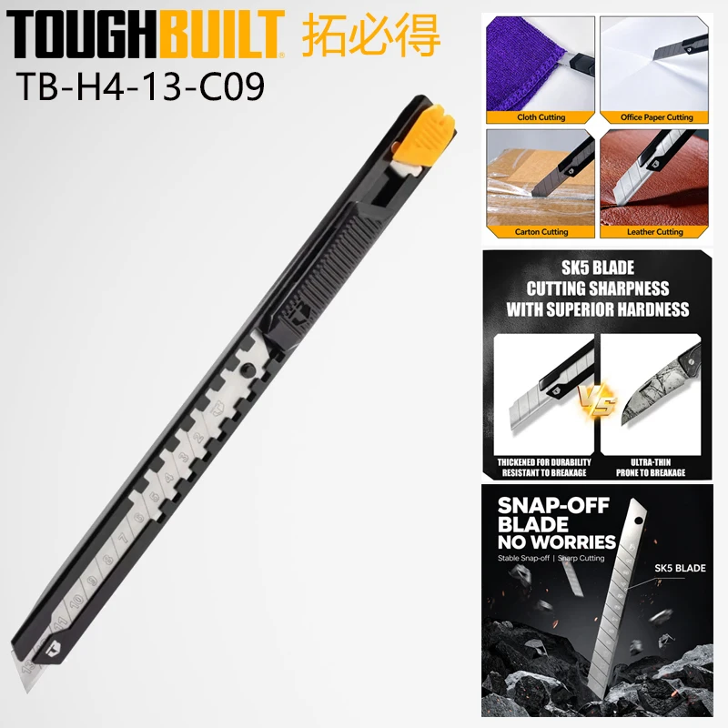 TOUGHBUILT 9mm SK5 Snap Off Utility Knife Metal Body Retractable Box Cutter TB-H4-13-C09 Sharp Art Cutting Knife