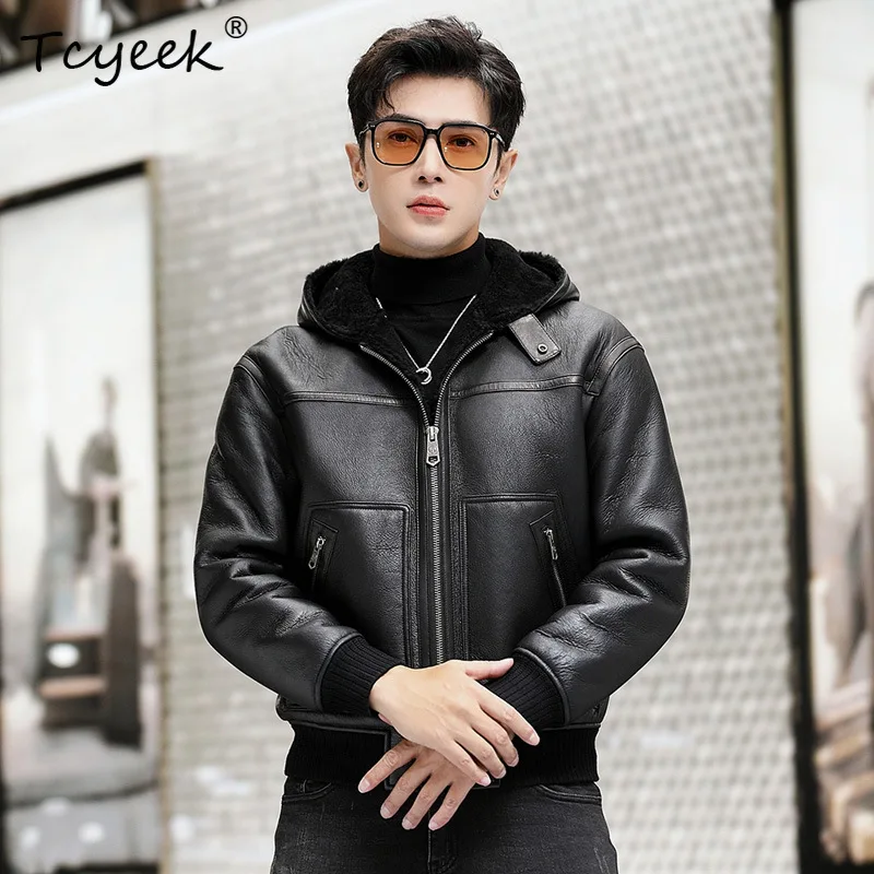 Tcyeek Natural Sheep Fur Coat Genuine Leather Jacket Men Warm Winter Clothes Hoodie Real Fur Coats Male Slim Fit Mех Натуральный