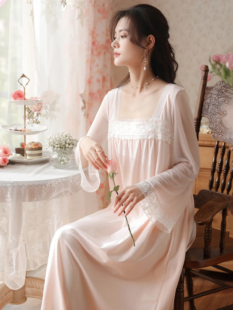 

Sexy Night Wear for Women Spring Retro Princess Sleepwear Fairy Lace Square Collar Long Sleeve Peignoir Vintage Nightgowns