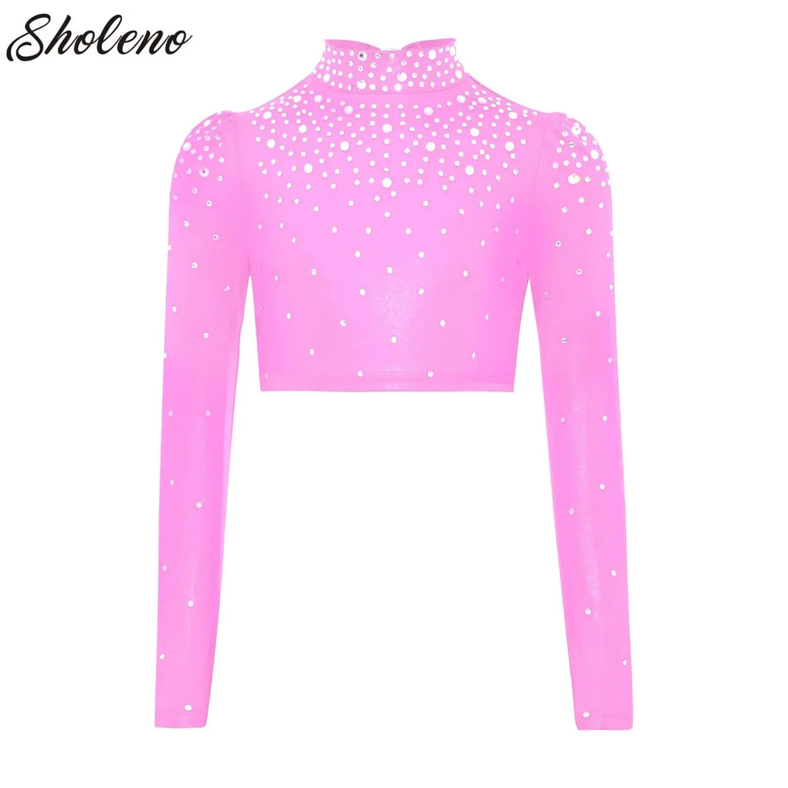 

Kids Girls Ballet Dance Crop Tops Shiny Rhinestone Long Sleeve Gymnastics Yoga Sport Workout T-shirts Cheer Performance Costume
