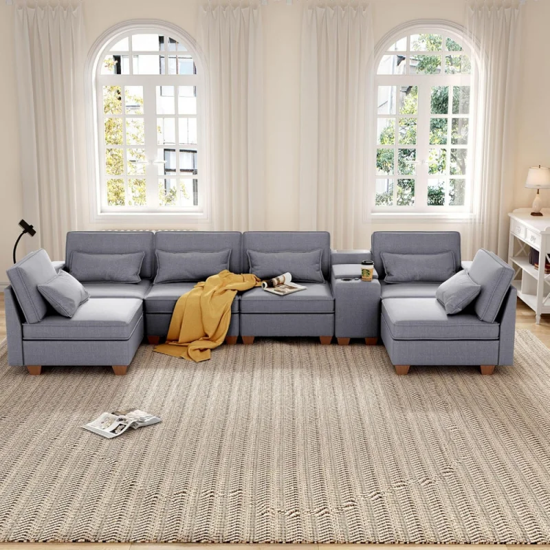 

Modular Sectional Sofa, Convertible U Shaped Couch With Phone Holder And Cup Holders & USB Ports Console