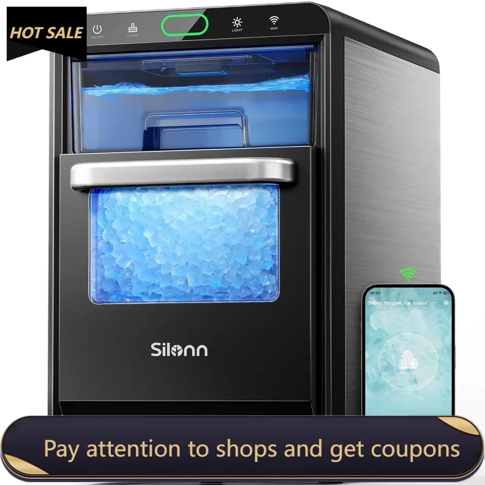 

Nugget Ice Maker Countertop-Smart Pebble Ice Machine，Pellet Ice 44 lbs per Day，Crushed from Timer Function and Status Alerts