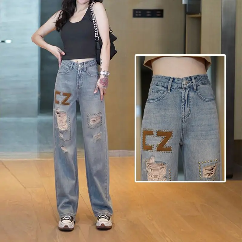 

Retro Ripped Wide-leg Jeans Women's Summer Heavy Industry Hot Beads Loose Straight Denim Pants Ladies Hole Jeans Trousers