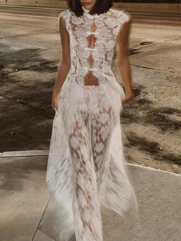 Women White Lace Two-piece Set Sleeveless Stand Neck Hollow Out Waist Cinching Pants Suits Sheer Summer Party Casual Outfits New